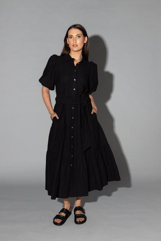 Drama the Label - Gracie Dress | Black Jacquard Stripe