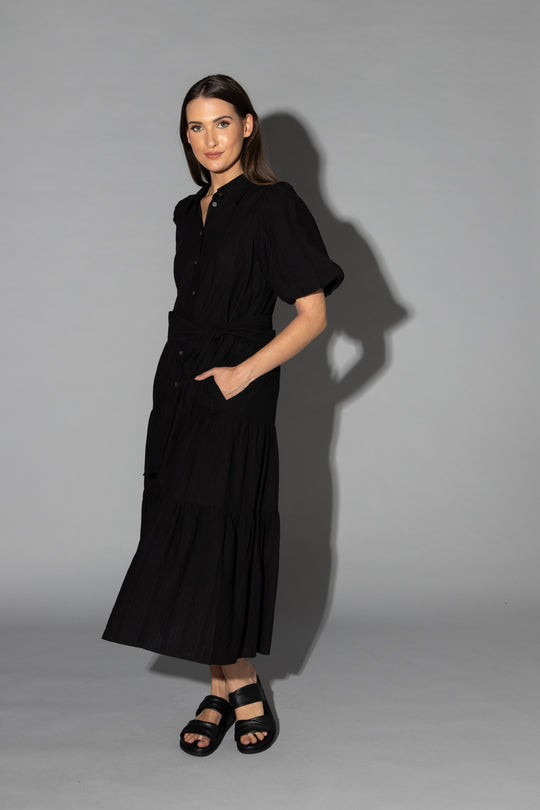 Drama the Label - Gracie Dress | Black Jacquard Stripe