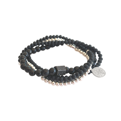 Lindi Kingi + Kelly - Beaded Bracelet Set | Luxe Black and Silver with Charm
