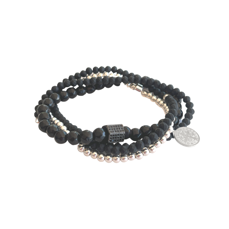 Lindi Kingi + Kelly - Beaded Bracelet Set | Luxe Black and Silver with Charm