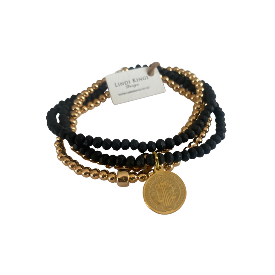 Lindi Kingi x Kelly - Beaded Bracelet Set | Gold and Matt Black with Charm