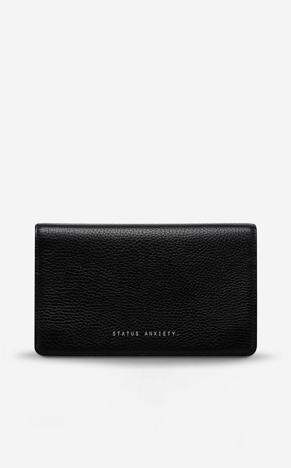 Black leather wallet front Status Anxiety