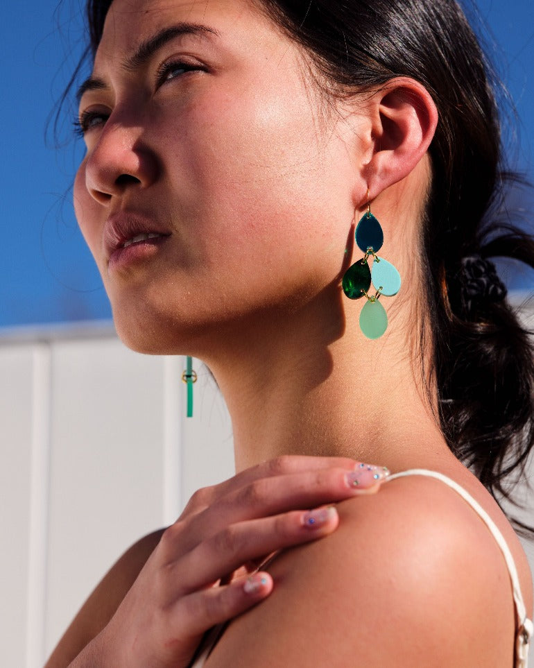 Model wearing Green Paris Earrings