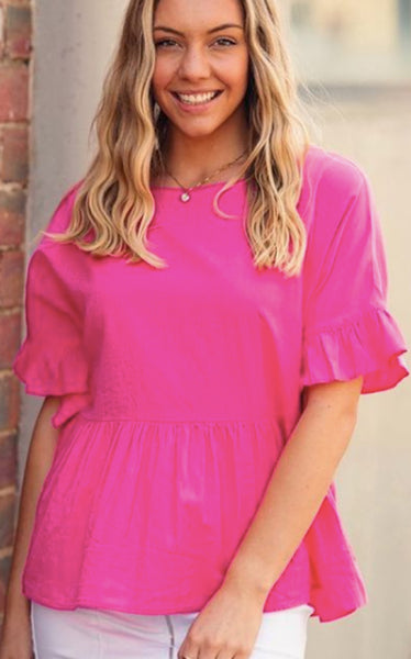 Joop and Gypsy - LEA LINEN PEPLUM BLOUSE - HOT PINK